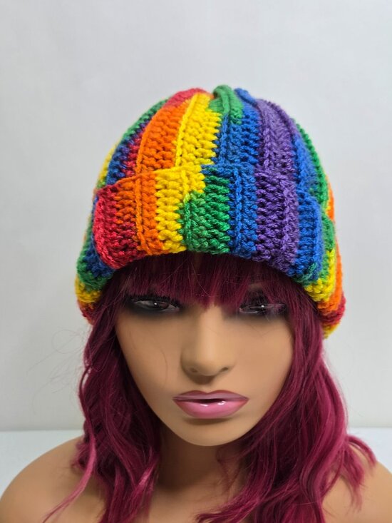Hand-Crocheted Rainbow Beanie, Pride Striped Hat, Acrylic Yarn, Festival Wear main image 4